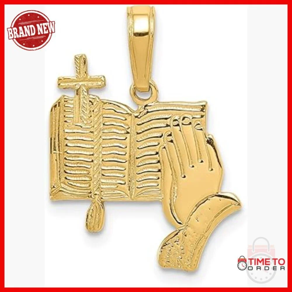 14k Yellow Gold Cross Pendant with Praying Hands & Open Bible Charm